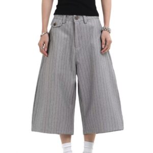 Gray Suit Shorts for Men, Retro Loose Casual Striped Seven-Quarter Pants