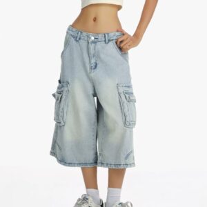 Washed Distressed Wide-Leg Denim Shorts Men