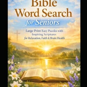 Bible Word Search for Seniors book cover featuring large print Christian word search puzzles inspired by Scripture