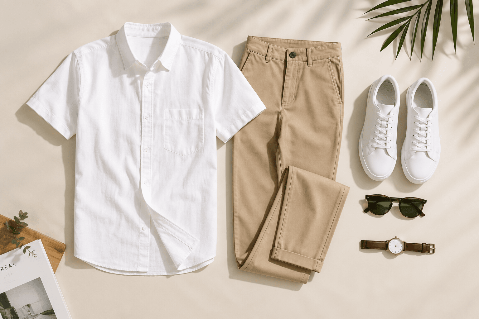 Minimalist flat lay featuring a white short-sleeve shirt, beige chinos, white sneakers, sunglasses, and a wristwatch on a light background for modern casual fashion.