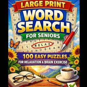 Big Book of Large Print Word Search for Seniors book cover featuring 100 easy large-print word search puzzles