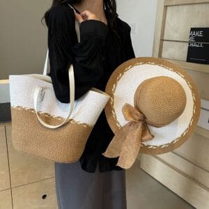 Straw Bag and Hat Set for Women, Beach Vacation, Versatile Sun Protection Wide Brim Hat, Commute Travel Large Capacity Tote Bag