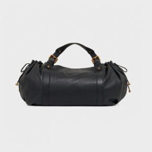 Black large capacity soft leather tote bag with pleated drawstring hand-held shoulder bag
