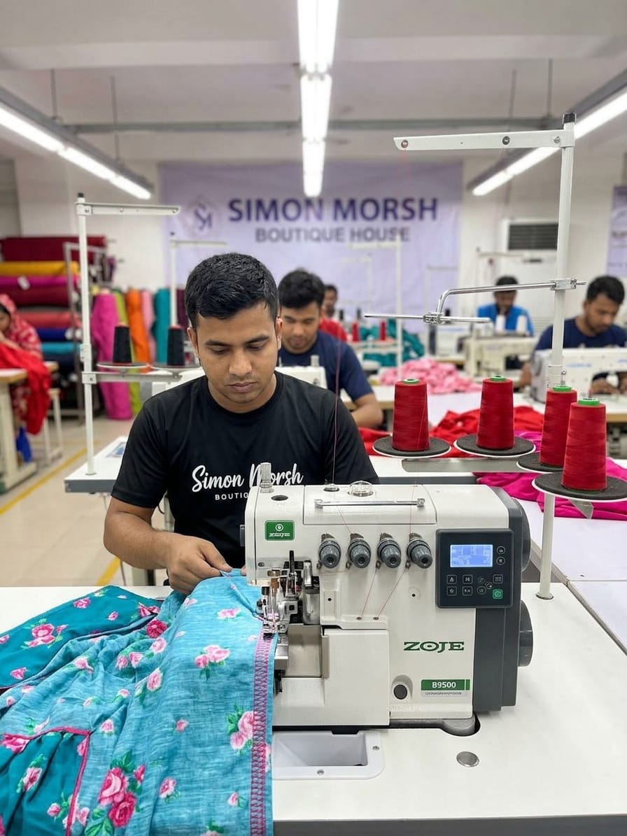 Factory technician operating a Zoje B9500 computerized 5-thread overlock safety stitch machine at Simon Morsh Boutique House